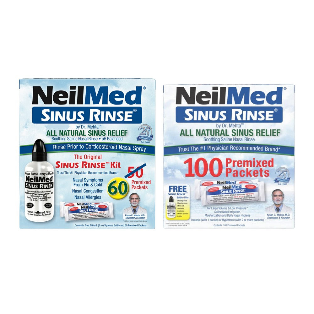 Two packaging of NeilMed Sinus Rinse products on a white background