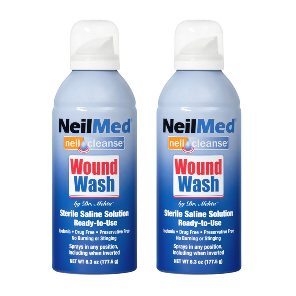 Two bottles of NeilMed Wound Wash on a white background