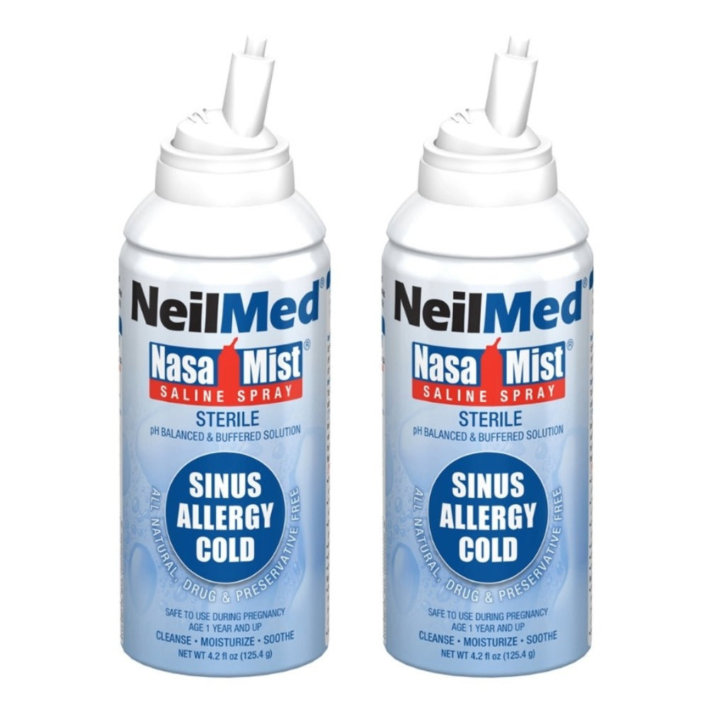 Two bottles of NeilMed NasaMist saline spray on a white background
