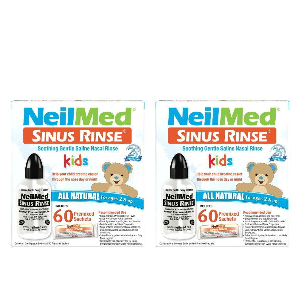 Two packages of NeilMed Sinus Rinse for kids on a white background