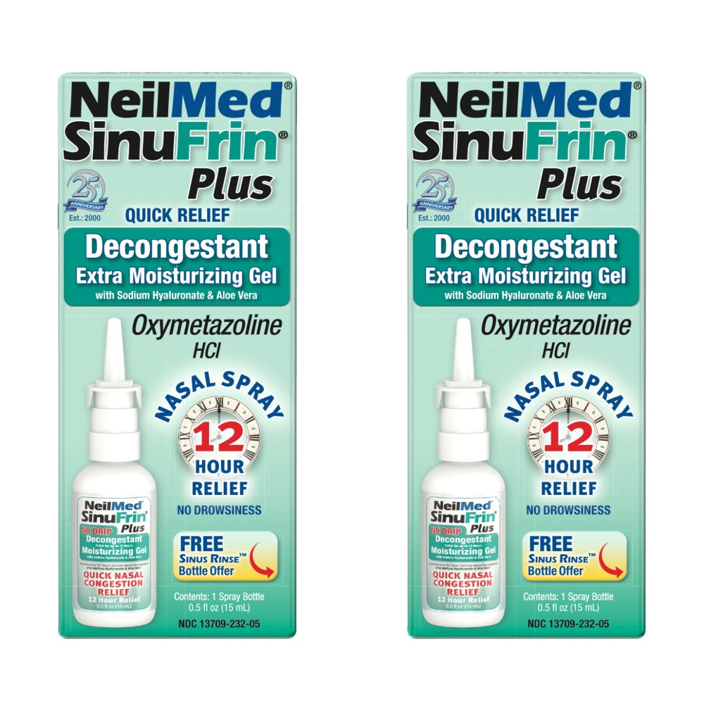 Two packages of NeilMed SinuFrin Plus nasal spray on a white background