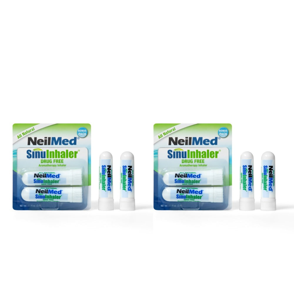 Two NeilMed SinuInhaler drug-free aromatherapy inhaler packs shown with individual inhaler sticks displayed beside each package.