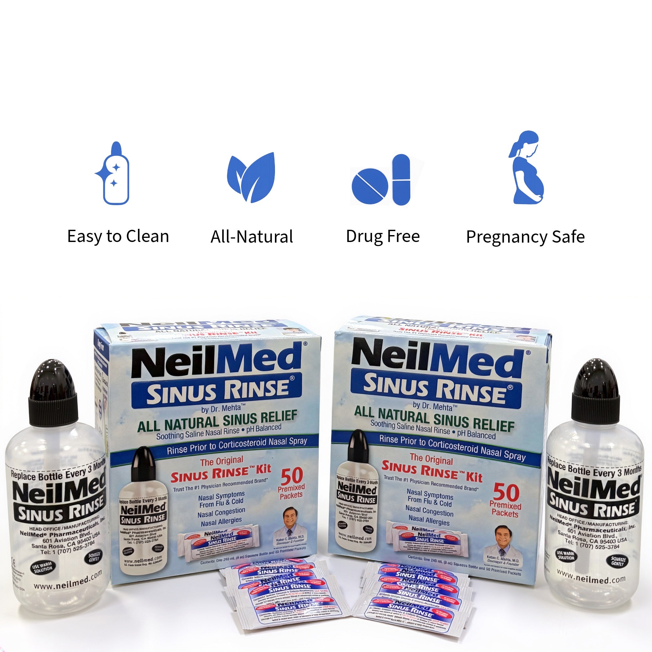 NeilMed Sinus Rinse products with features listed on a white background