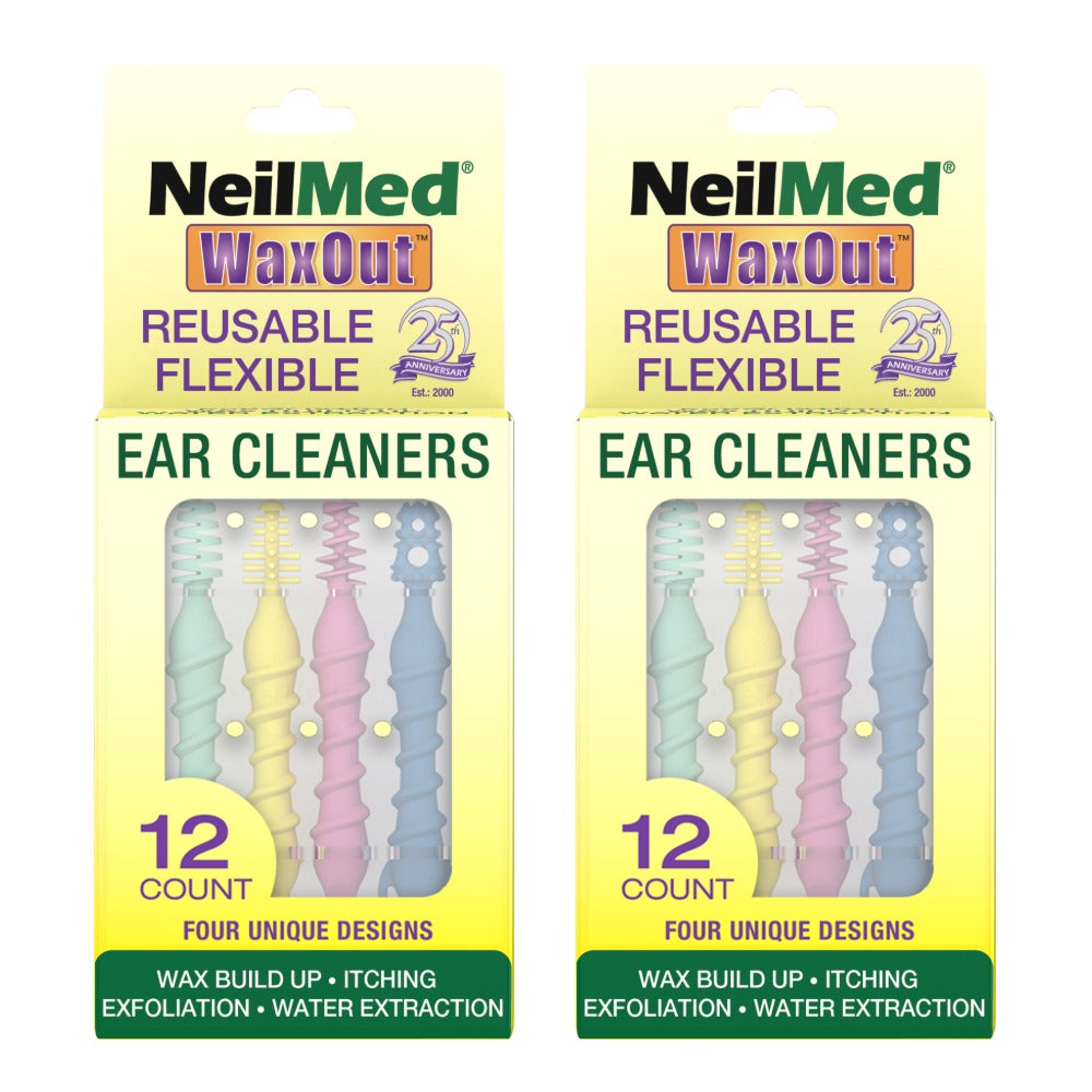 Two packages of NeilMed WaxOut reusable flexible ear cleaners on a white background