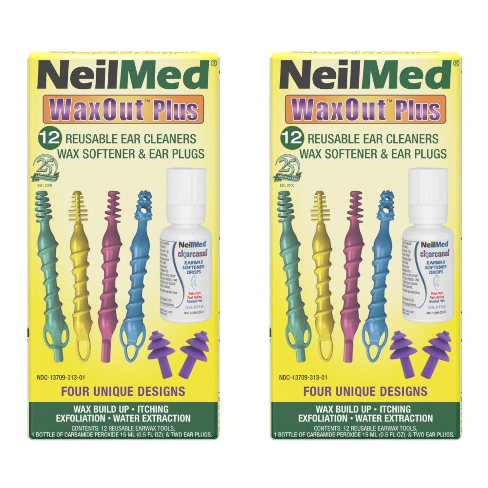 Two boxes of NeilMed WaxOut Plus ear cleaning tools on a white background