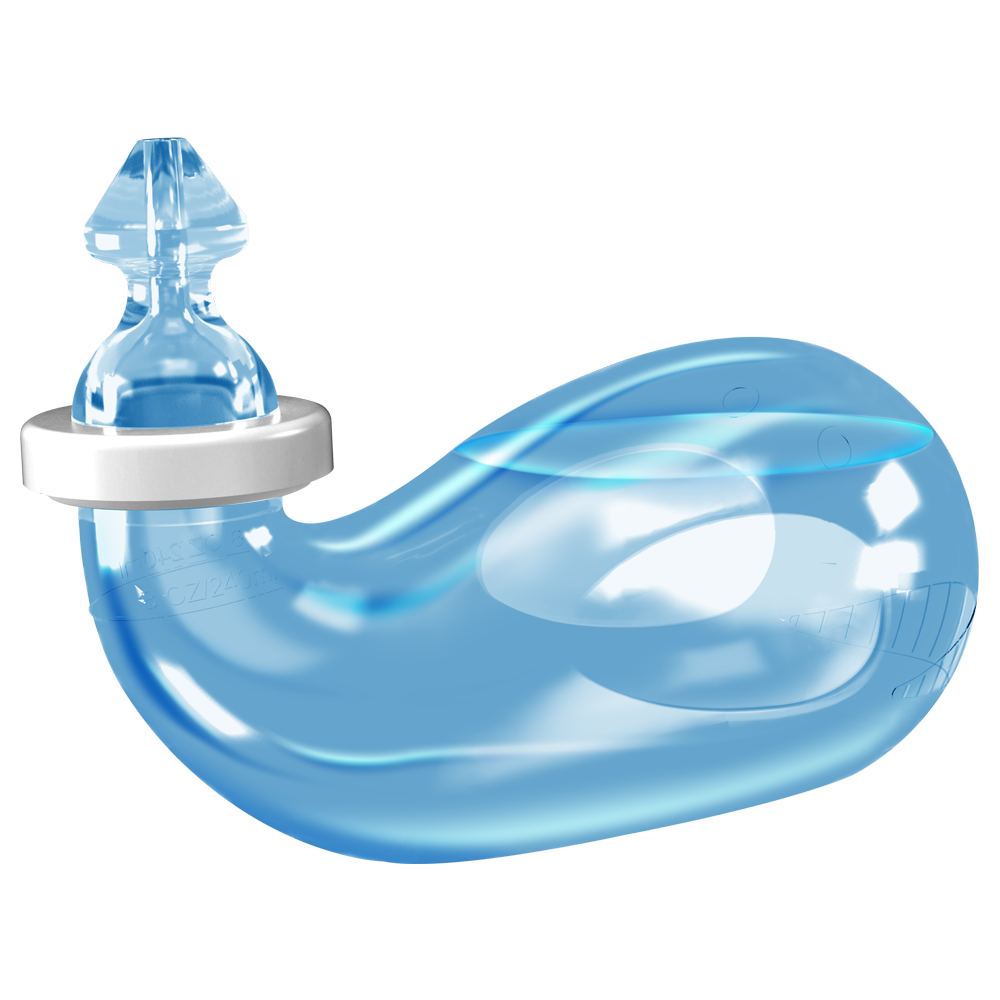 Blue nasal aspirator bulb with a soft silicone tip and collar, used for clearing nasal passages.