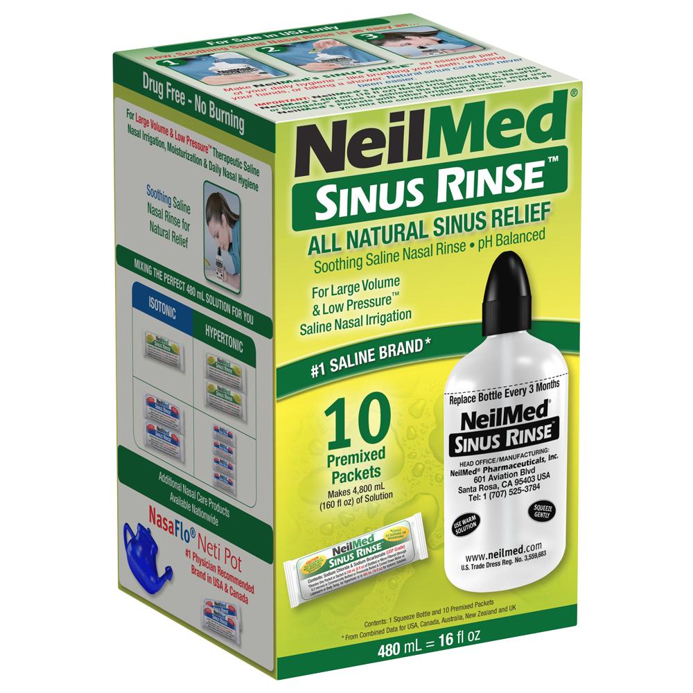 NeilMed Sinus Rinse kit including a 16oz bottle and 10 packets of nasal irrigation solution.
