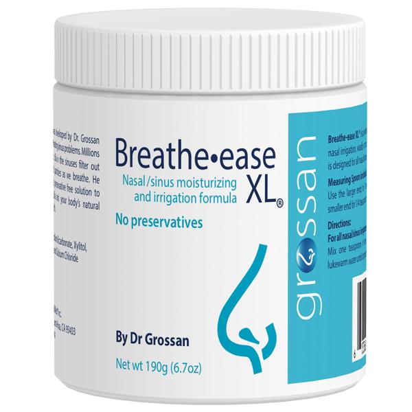 Breathe-ease XL nasal/sinus moisturizing and irrigation formula jar by Dr. Grossan on a white background