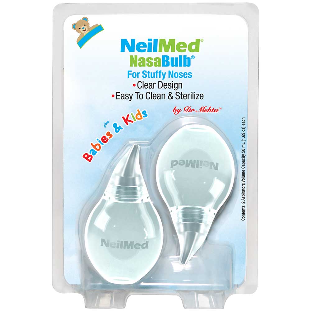 Packaging of NeilMed NasaBulb nasal aspirator for babies and kids, containing 2 aspirators with a soft silicone tip and bulb.