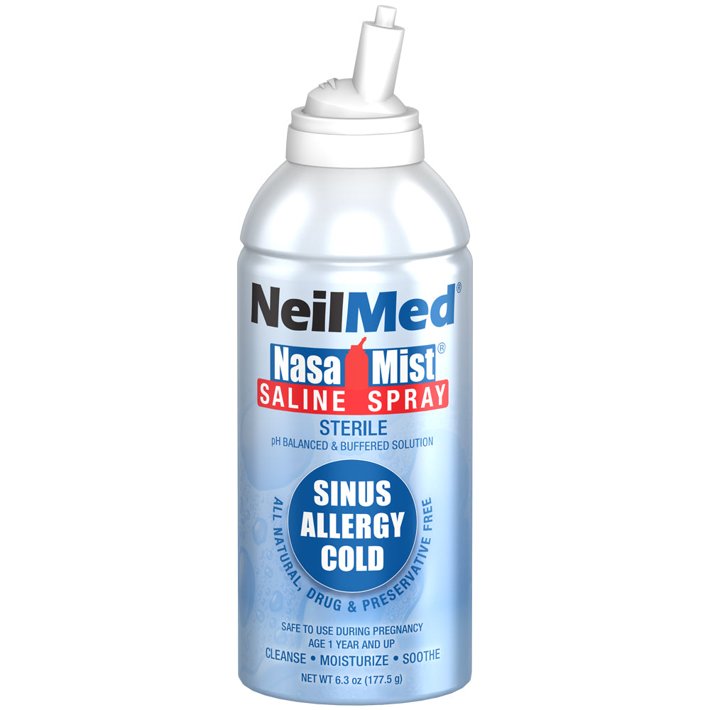 NeilMed NasaMist Saline Spray bottle with nozzle, labeled sterile saline solution for sinus, allergy, and cold relief, pH balanced, drug- and preservative-free.