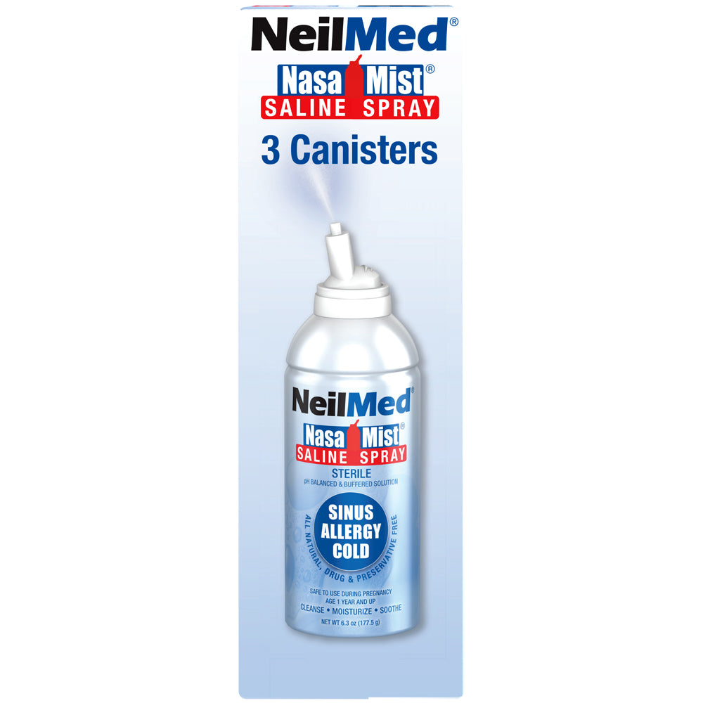 NeilMed NasaMist Saline Spray packaging showing a bottle with spray nozzle and text indicating a 3-canister pack for sinus, allergy, and cold relief.