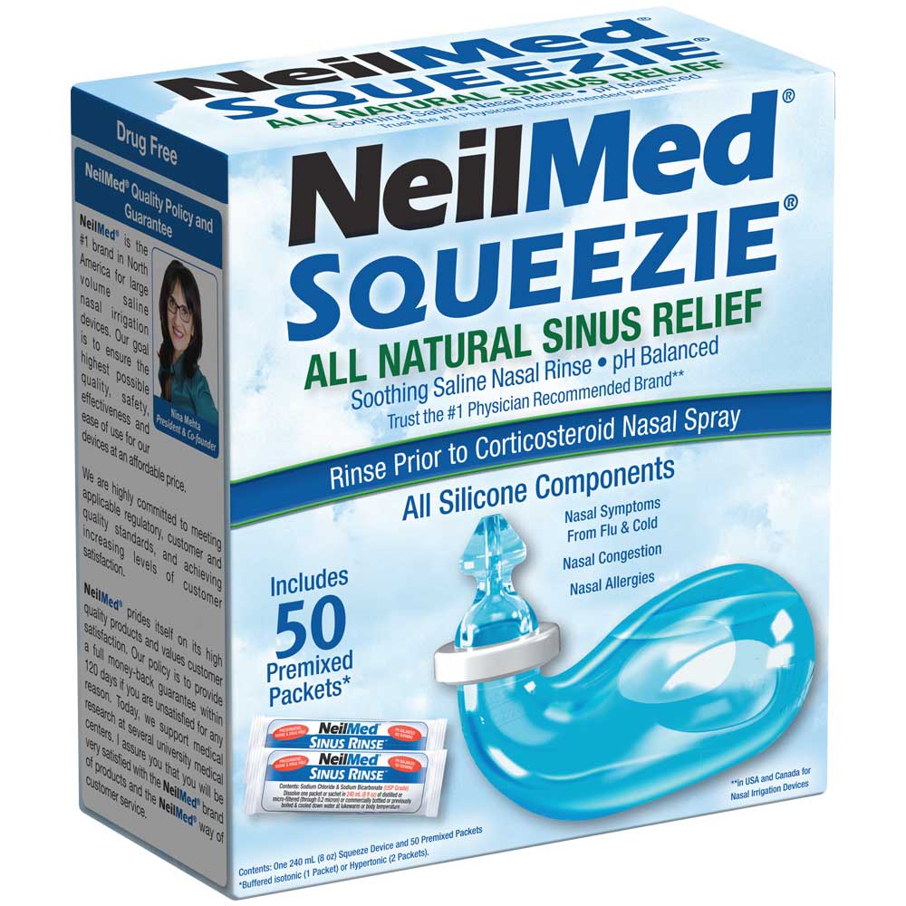 Packaging of NeilMed Squeezie Nasal Rinsing System with a visual of the blue silicone nasal rinsing device.