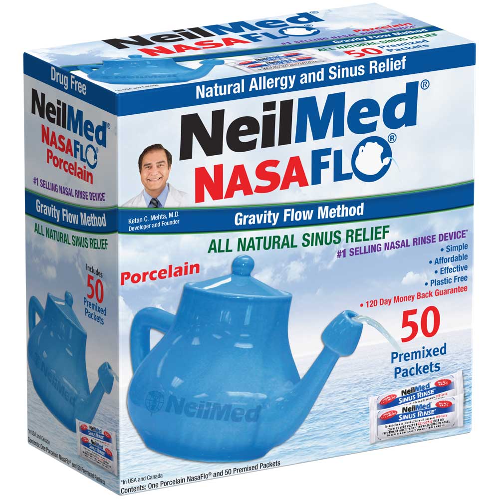 Packaging of NeilMed NasaFlo Neti Pot with a blue porcelain neti pot and 50 premixed packets for saline nasal irrigation.